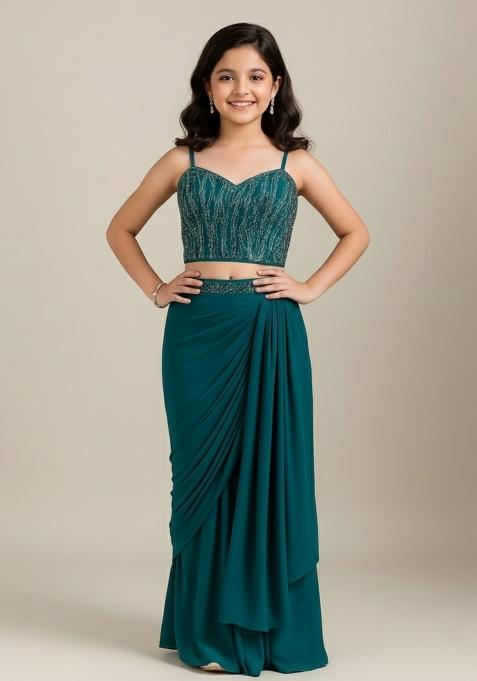 Girls Rama Blue Sequin Georgette Fusion Set