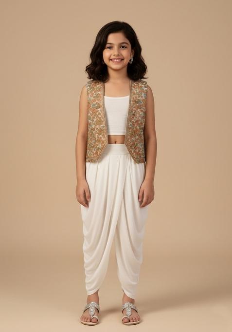 Girls White Embroidered Georgette Fusion Set