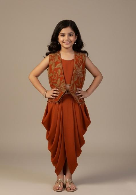 Girls Rust Embroidered Georgette Fusion Set
