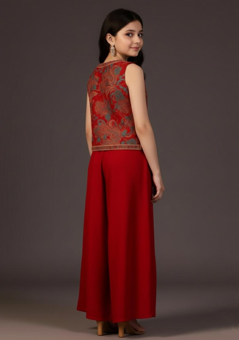 Girls Red Embroidered Georgette Fusion Set - Indya