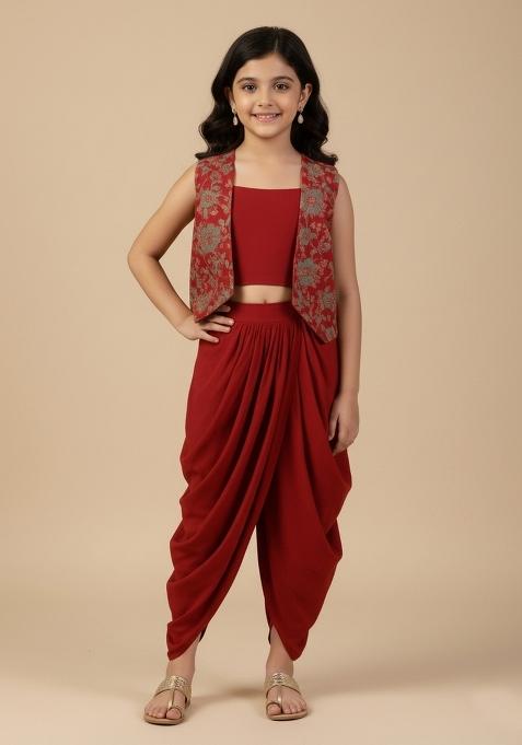 Girls Red Embroidered Georgette Fusion Set