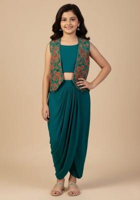 Girls Rama Blue Embroidered Georgette Fusion Set