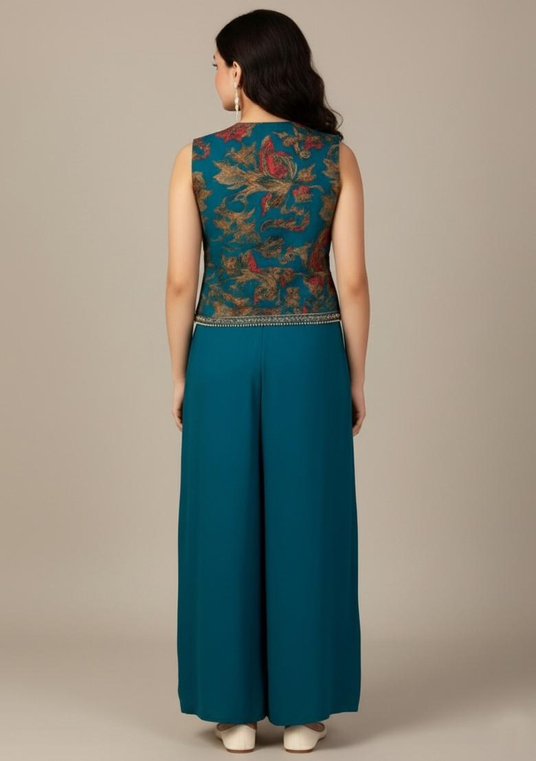 Girls Rama Blue Embroidered Georgette Fusion Set - Indya