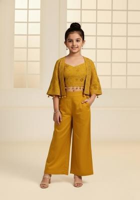 Girls Mustard Embroidered Georgette Fusion Set