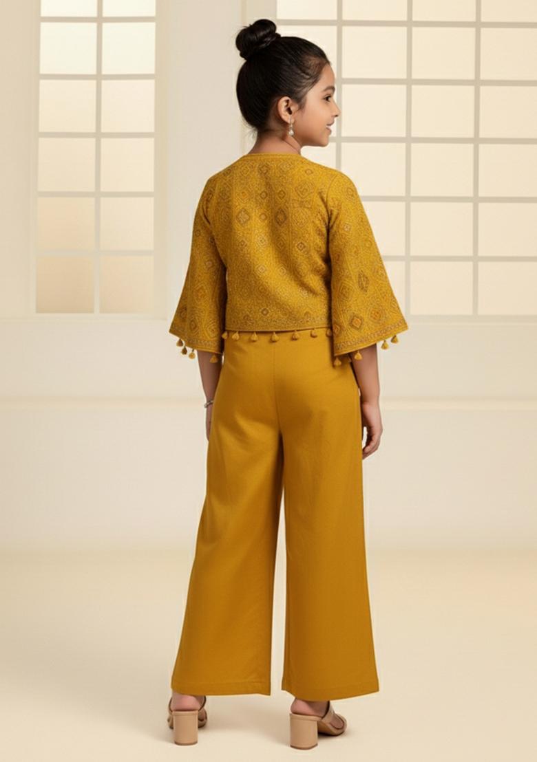 Girls Mustard Embroidered Georgette Fusion Set - Indya