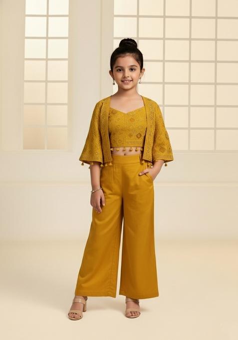 Girls Mustard Embroidered Georgette Fusion Set
