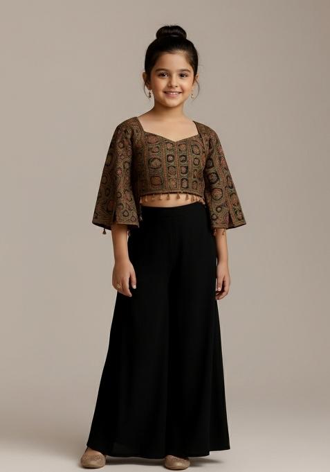 Girls Black Embroidered Georgette Fusion Set