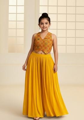 Girls Mustard Embroidered Georgette Fusion Set