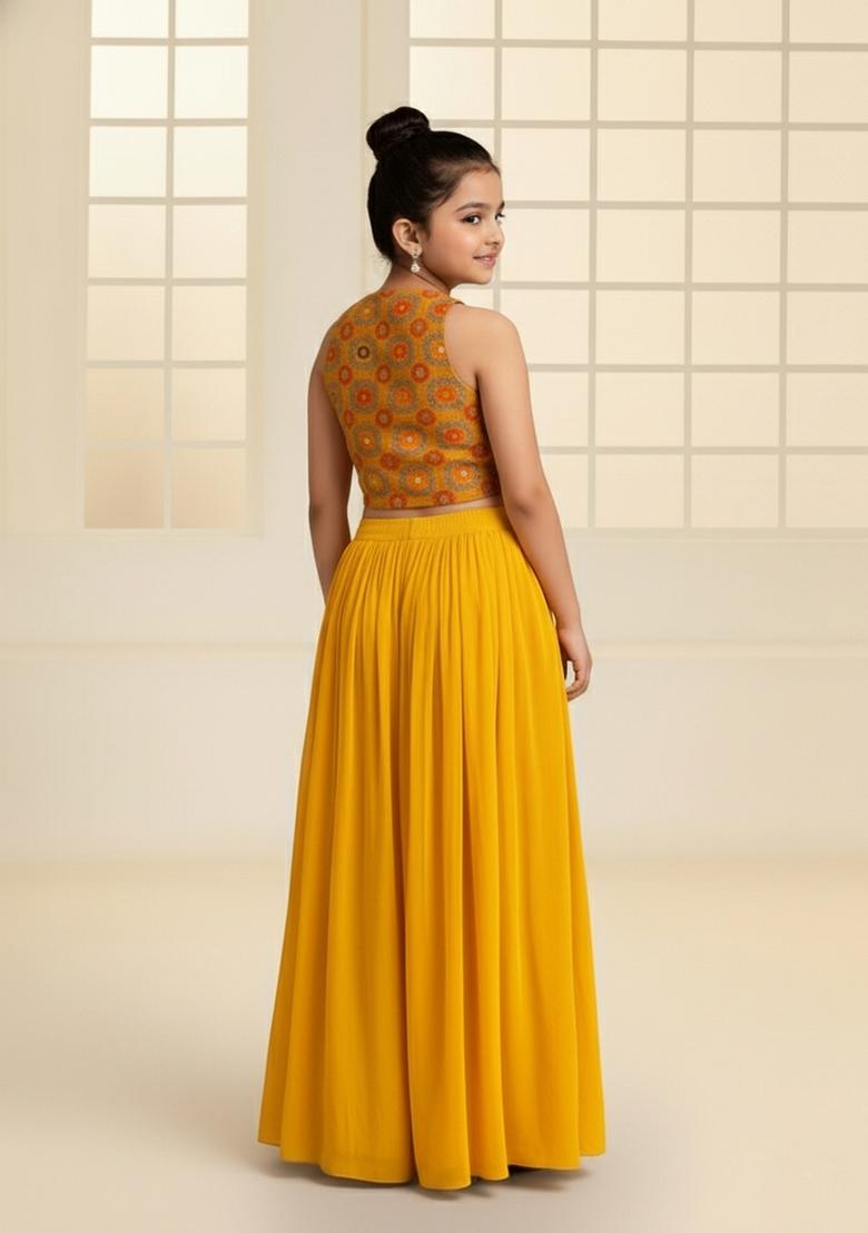 Girls Mustard Embroidered Georgette Fusion Set - Indya