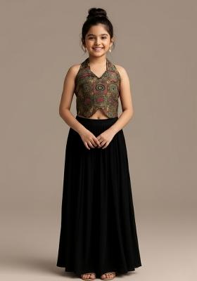 Girls Black Embroidered Georgette Fusion Set