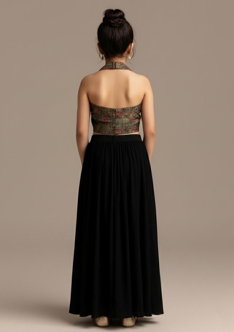 Girls Black Embroidered Georgette Fusion Set - Indya