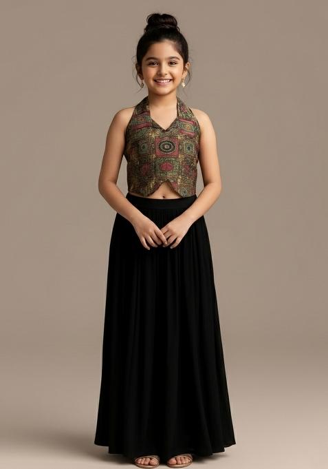 Girls Black Embroidered Georgette Fusion Set