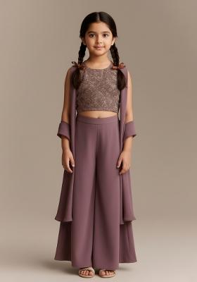 Girls Purple Embroidered Georgette Fusion Set