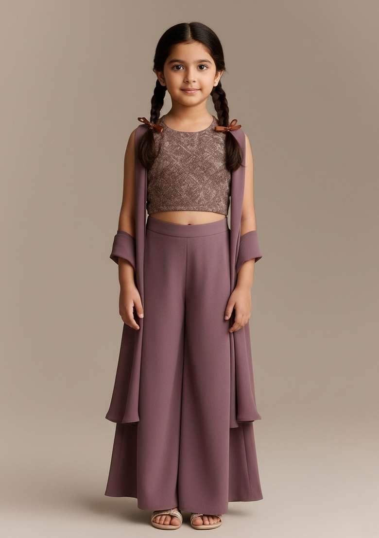 Girls Purple Embroidered Georgette Fusion Set - Indya