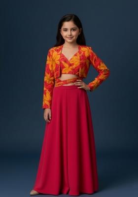 Girls Pink Floral Print Crepe Fusion Set