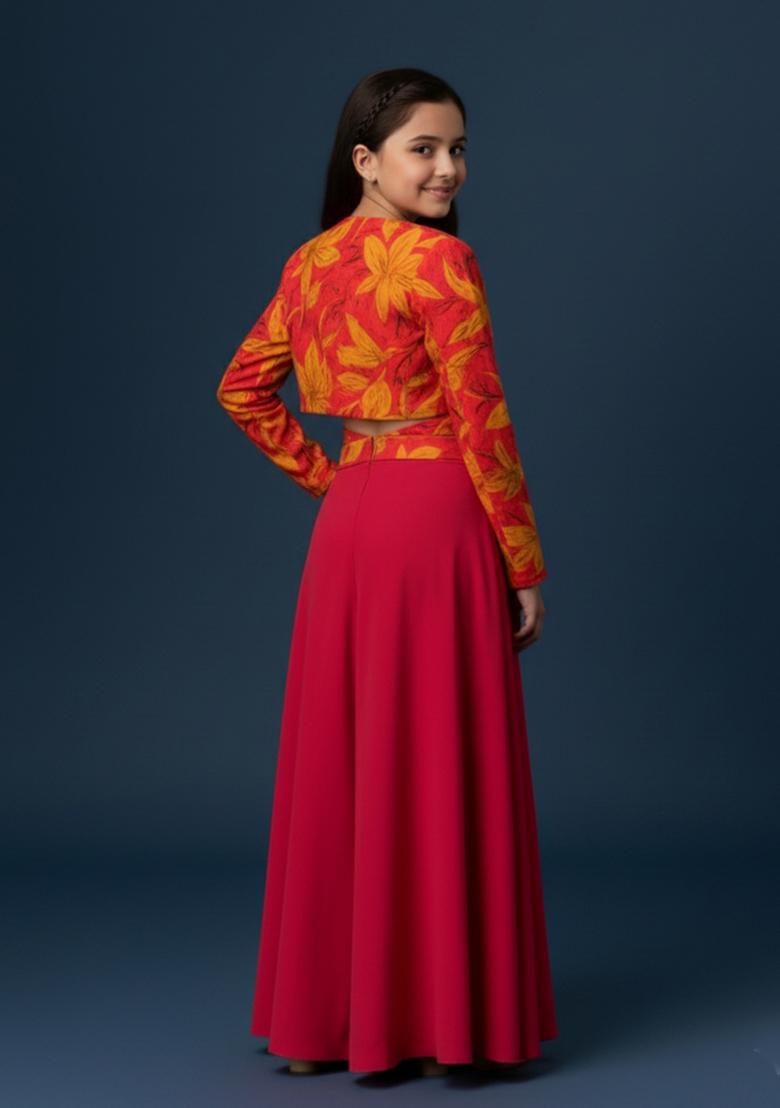 Girls Pink Floral Print Crepe Fusion Set - Indya