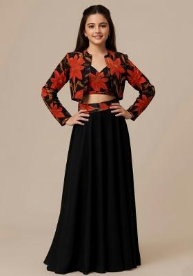 Girls Black Floral Print Crepe Fusion Set