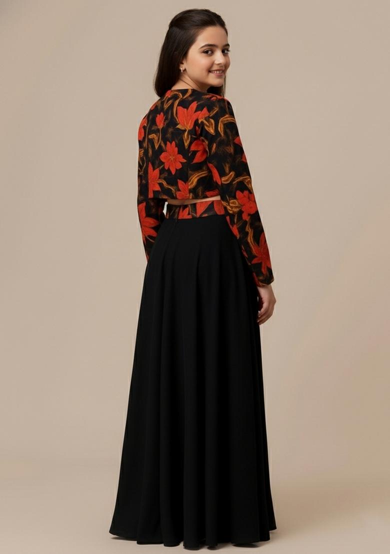 Girls Black Floral Print Crepe Fusion Set - Indya