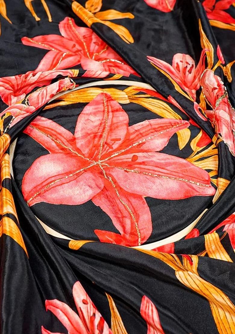 Girls Black Floral Print Crepe Fusion Set - Indya