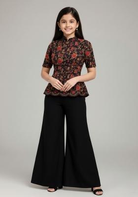 Girls Navy Blue Embroidered Georgette Fusion Set