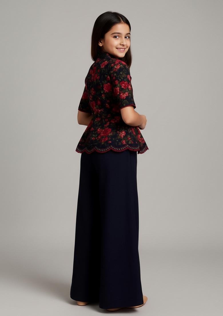 Girls Navy Blue Embroidered Georgette Fusion Set - Indya