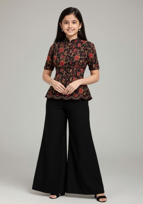 Girls Navy Blue Embroidered Georgette Fusion Set