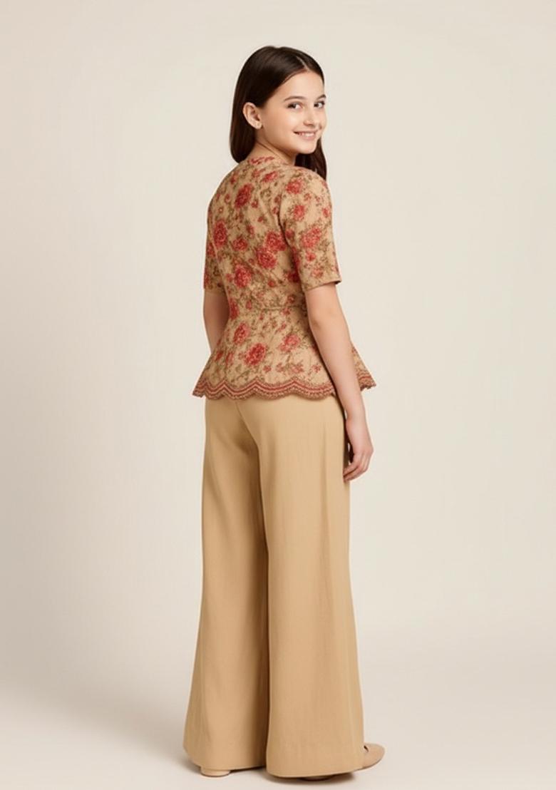 Girls Cream Embroidered Georgette Fusion Set - Indya