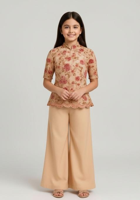 Girls Cream Embroidered Georgette Fusion Set