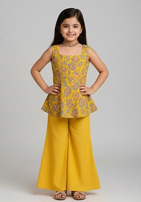 Girls Yellow Embroidered Georgette Fusion Set