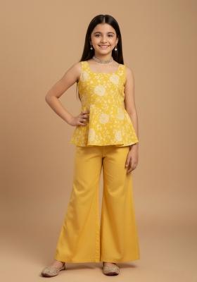 Girls Yellow Embroidered Georgette Fusion Set