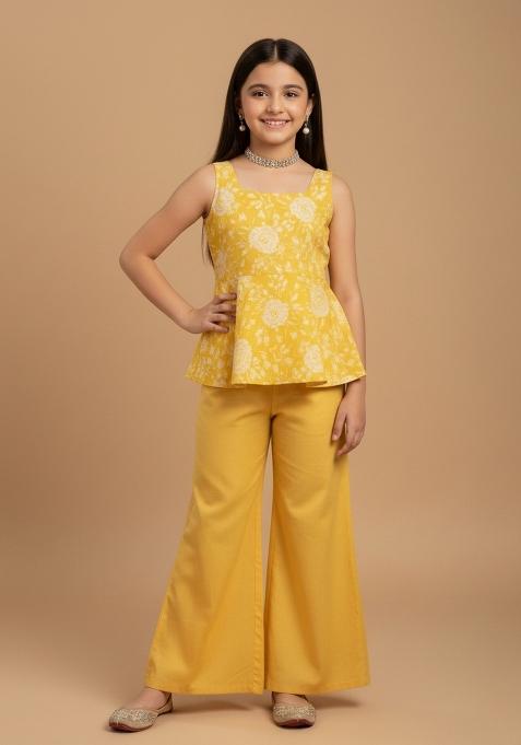 Girls Yellow Embroidered Georgette Fusion Set