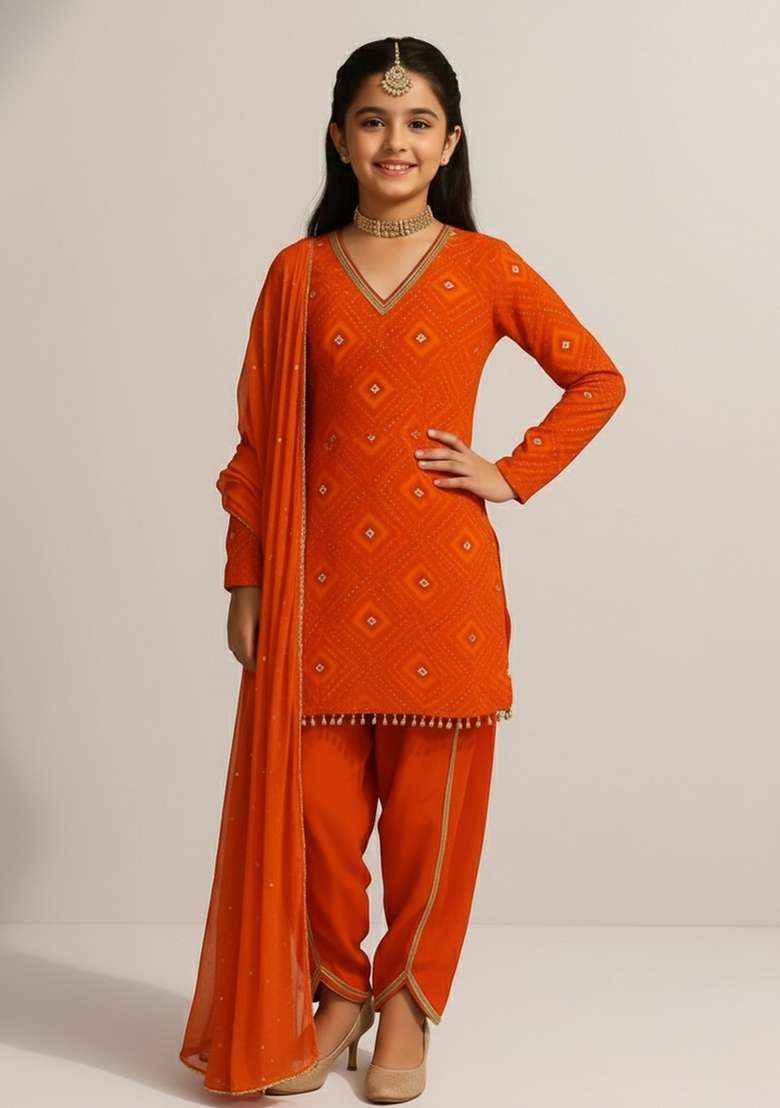 Girls Orange Embellished Chinon Fusion Set - Indya