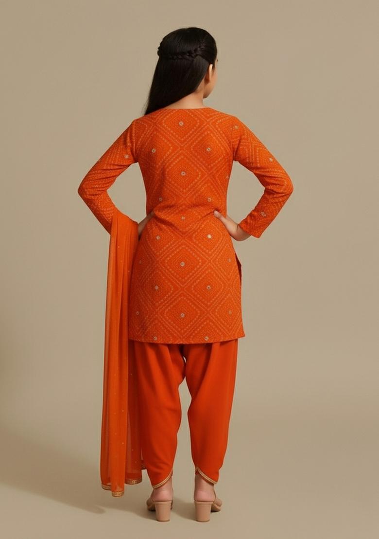Girls Orange Embellished Chinon Fusion Set - Indya