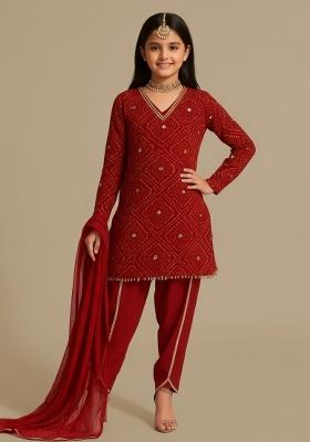 Girls Red Embellished Chinon Fusion Set