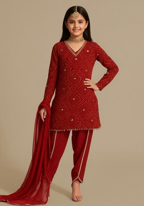 Girls Red Embellished Chinon Fusion Set