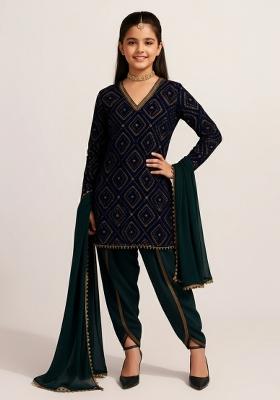 Girls Violet Embellished Chinon Fusion Set