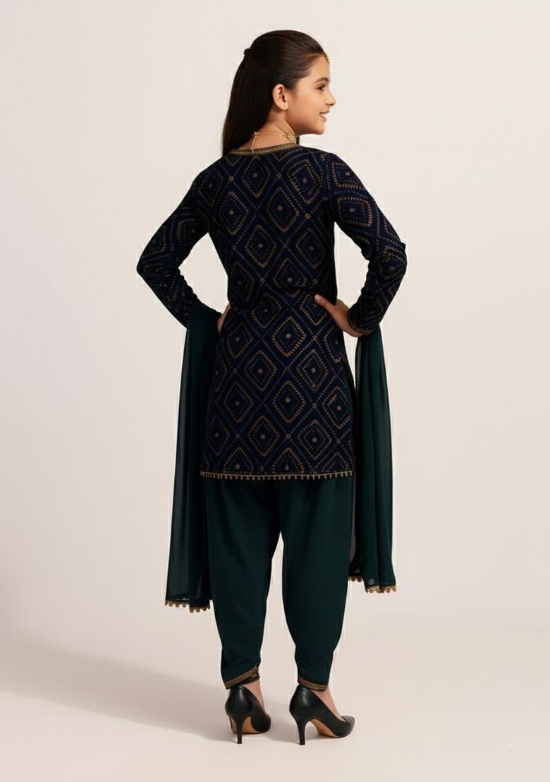 Girls Violet Embellished Chinon Fusion Set - Indya