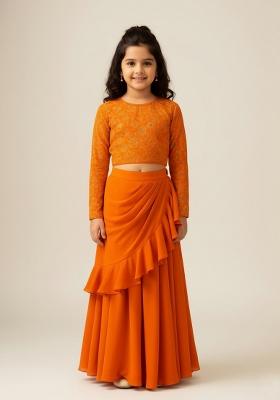 Girls Orange Embroidered Silk Fusion Set