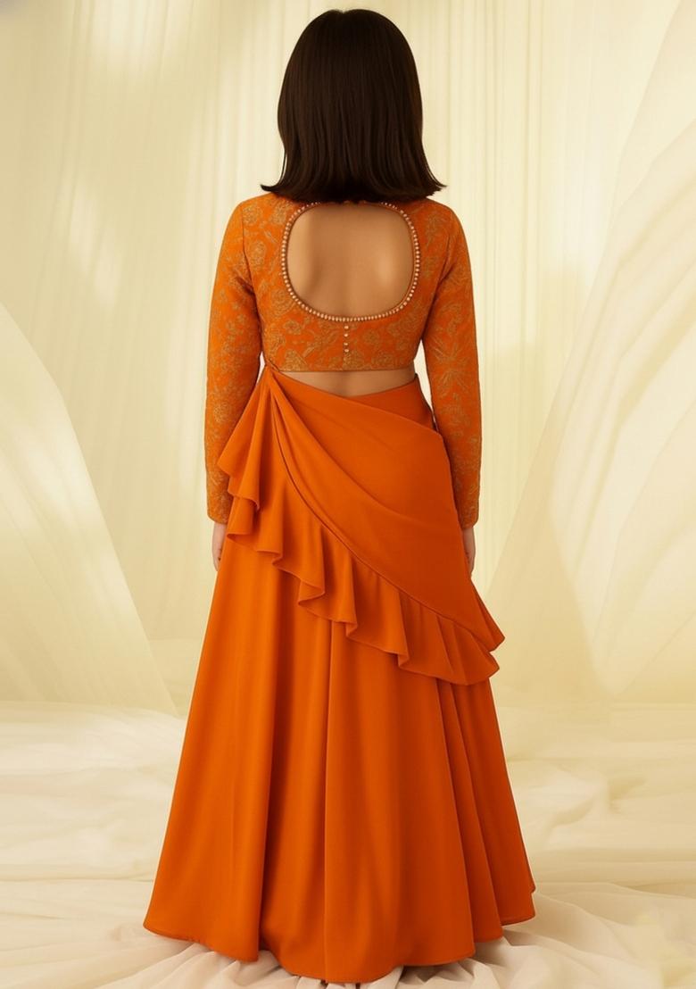 Girls Orange Embroidered Silk Fusion Set - Indya
