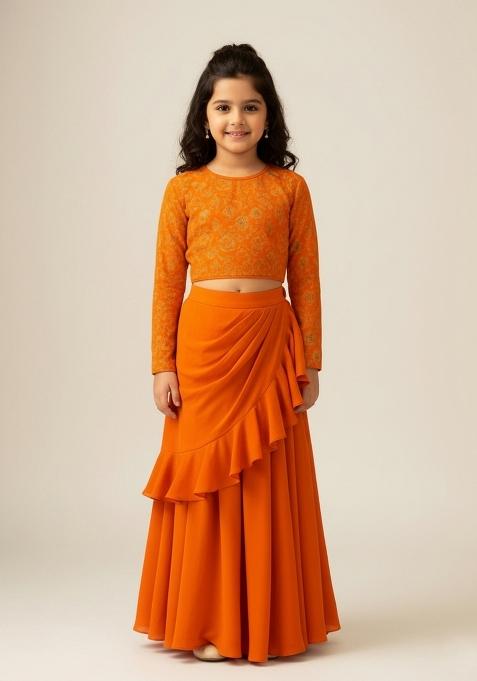 Girls Orange Embroidered Silk Fusion Set