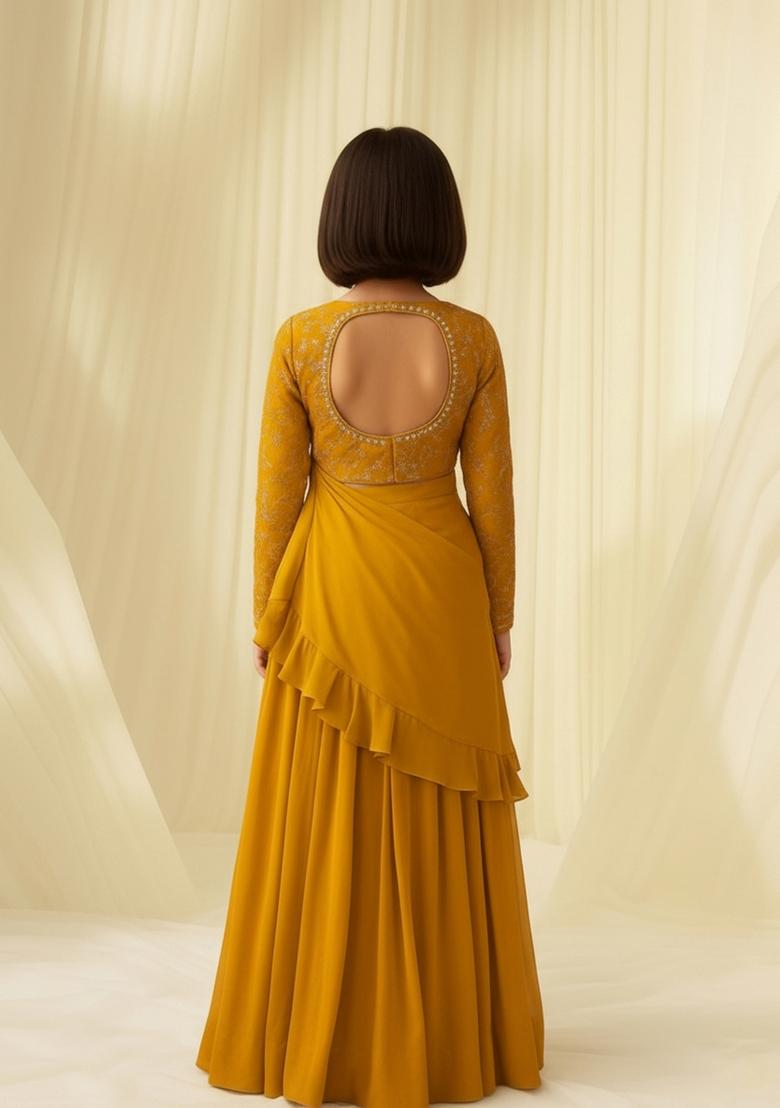 Girls Mustard Yellow Embroidered Silk Fusion Set - Indya