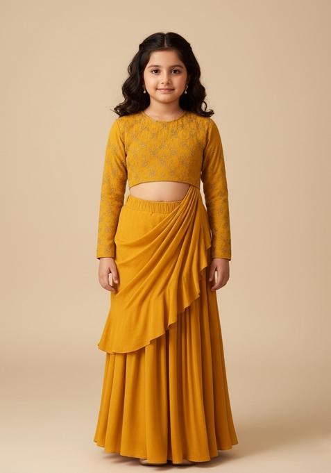 Girls Mustard Yellow Embroidered Silk Fusion Set