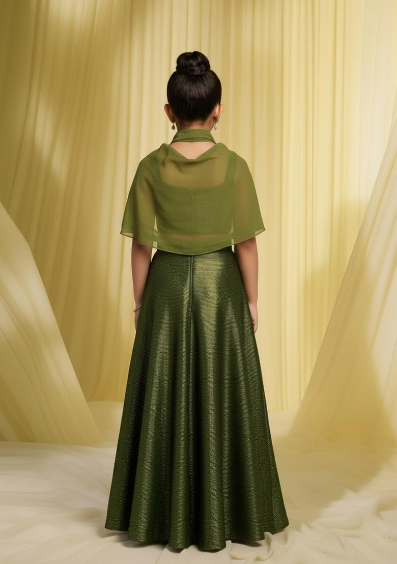 Girls Green Self Design Fusion Set - Indya