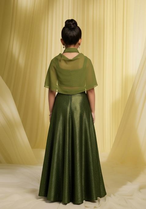 Girls Green Self Design Fusion Set