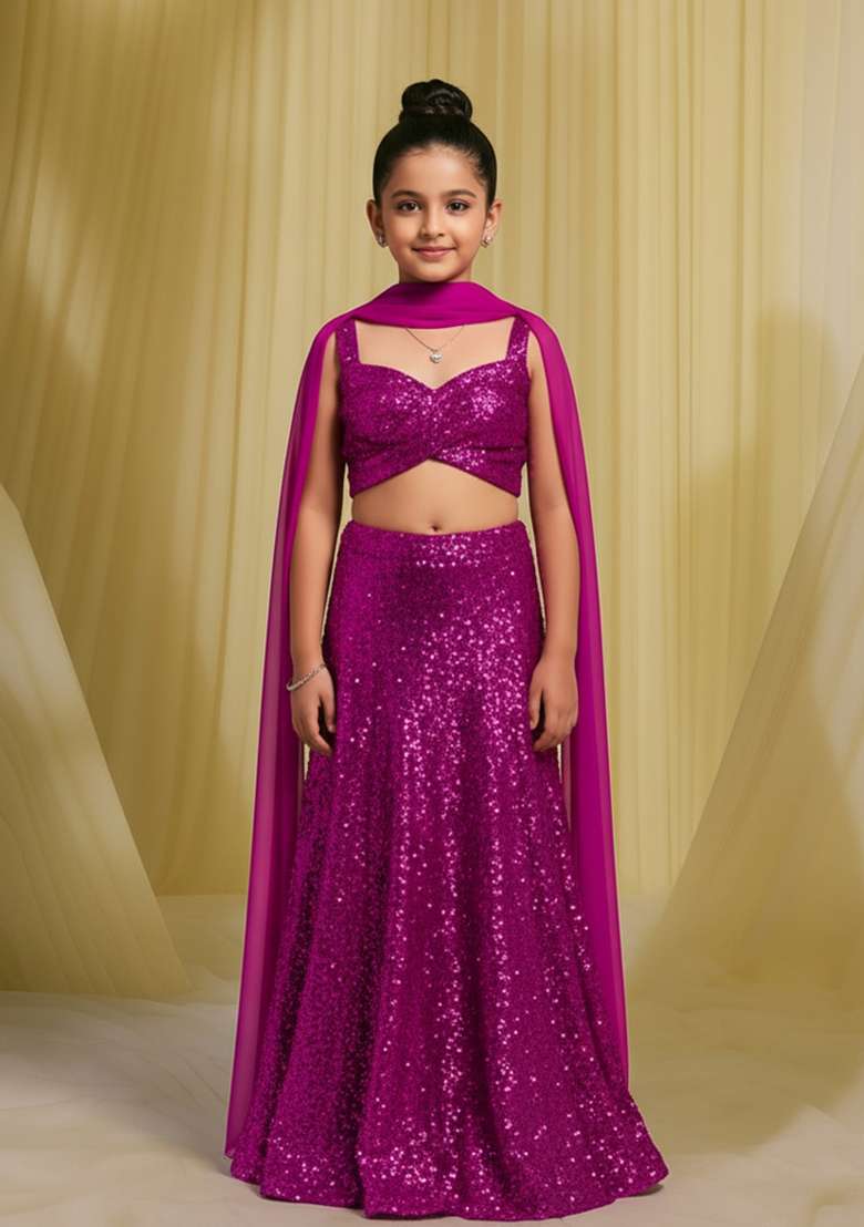 Girls Hot Pink Sequin Georgette Fusion Set - Indya