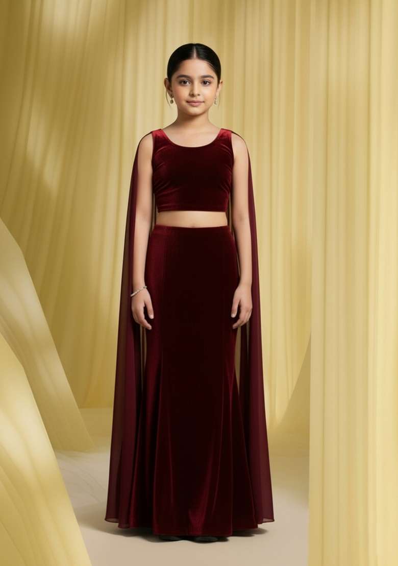 Girls Maroon Self Design Fusion Set - Indya