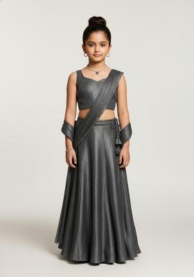 Girls Dark Grey Self Design Fusion Set