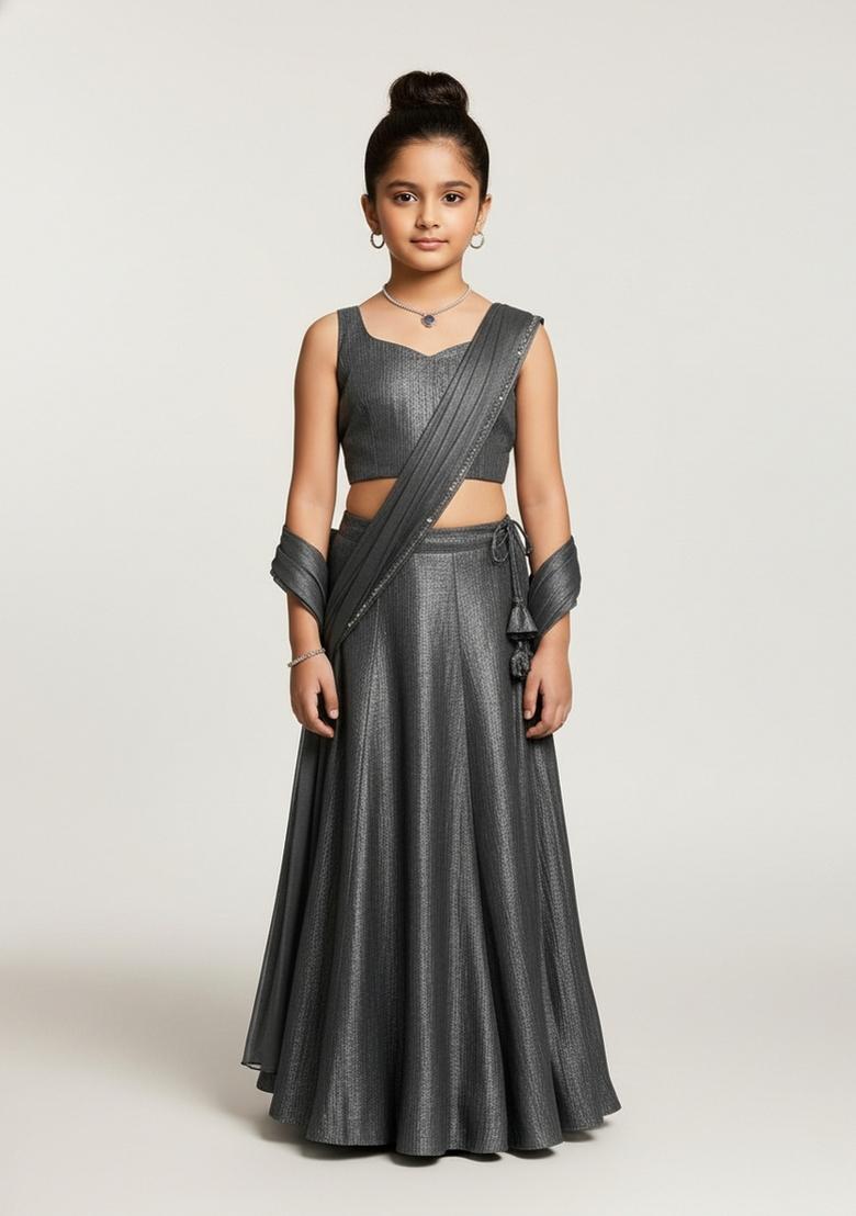 Girls Dark Grey Self Design Fusion Set - Indya