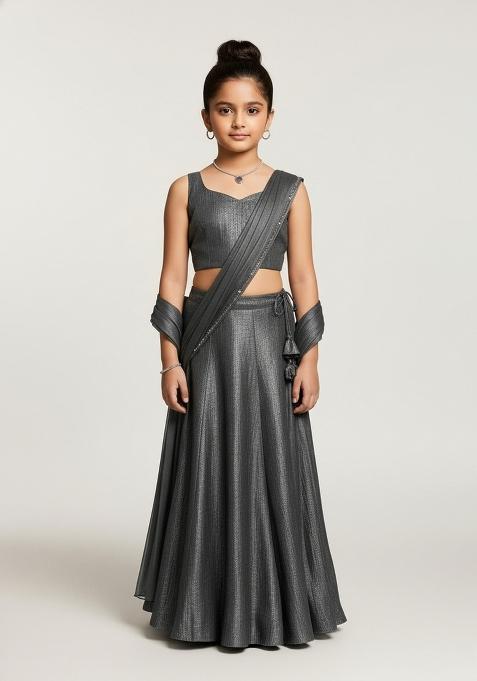 Girls Dark Grey Self Design Fusion Set