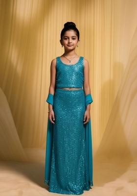 Girls Powder Blue Sequin Net Fusion Set
